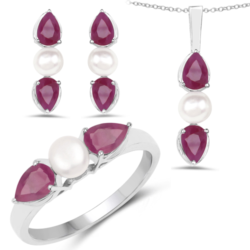 Ruby-5.80 Carat Genuine Ruby and Pearl .925 Sterling Silver 3 Piece Jewelry Set (Ring, Earrings, and Pendant w/ Chain)
