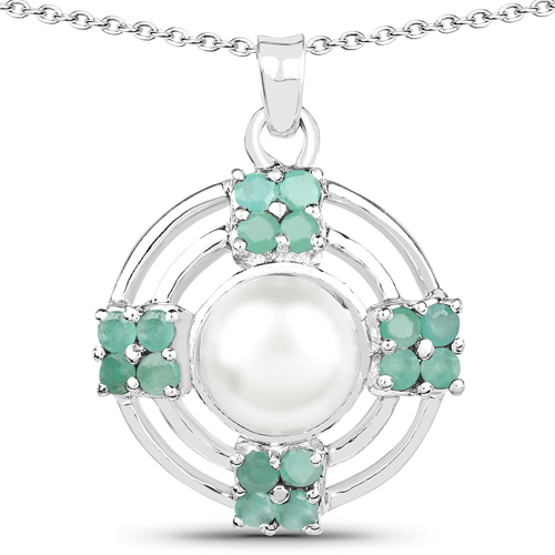 Emerald-3.38 Carat Genuine Emerald and Pearl .925 Sterling Silver Pendant