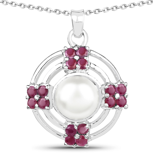 Ruby-3.68 Carat Genuine Ruby and Pearl .925 Sterling Silver Pendant