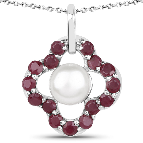 3.06 Carat Genuine Ruby and Pearl .925 Sterling Silver Pendant