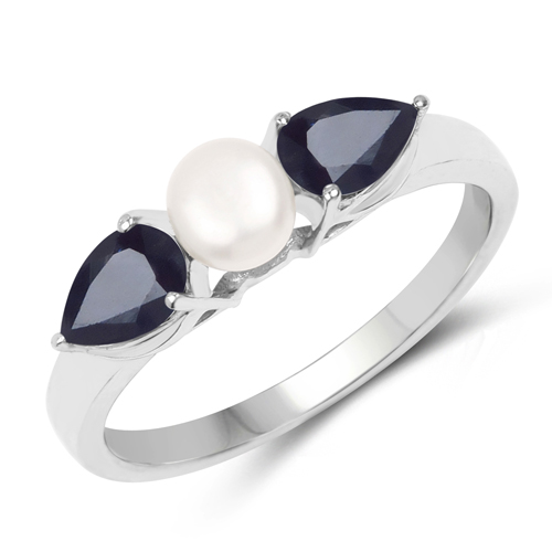 Sapphire-1.44 Carat Genuine Blue Sapphire and Pearl .925 Sterling Silver Ring