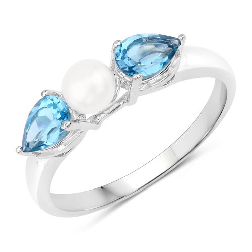 Rings-1.56 Carat Genuine Blue Topaz and Pearl .925 Sterling Silver Ring