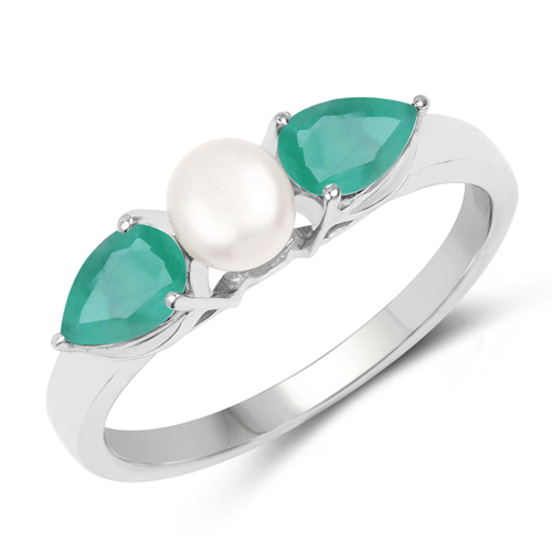 Emerald-1.32 Carat Genuine Emerald and Pearl .925 Sterling Silver Ring