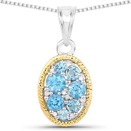 Pendants-0.74 Carat Genuine Swiss Blue Topaz and White Diamond 14K Yellow Gold with .925 Sterling Silver Pendant