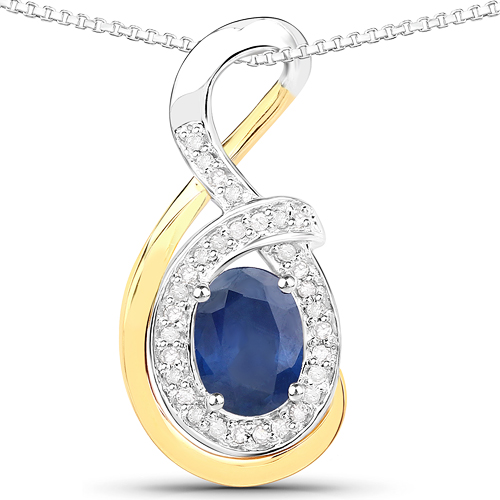 Sapphire-1.03 Carat Genuine Blue Sapphire and White Diamond 14K Yellow Gold with .925 Sterling Silver Pendant