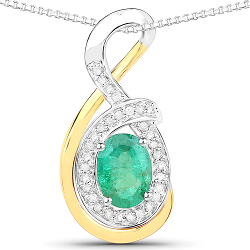 Emerald-0.80 Carat Genuine Zambian Emerald and White Diamond 14K Yellow Gold with .925 Sterling Silver Pendant