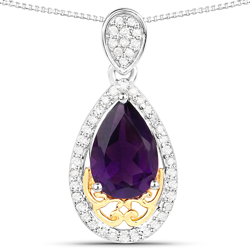 Amethyst-1.27 Carat Genuine Amethyst and White Diamond 14K Yellow Gold with .925 Sterling Silver Pendant