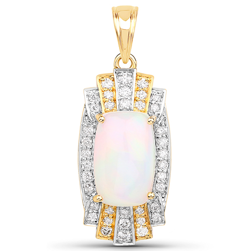 Opal-5.39 Carat Genuine Ethiopian Opal and White Diamond 14K Yellow Gold Pendant