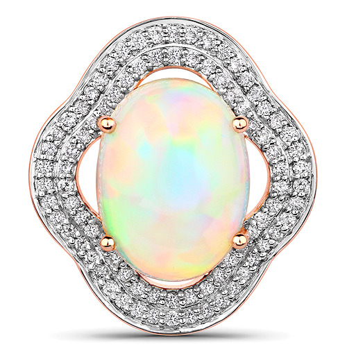 Opal-3.73 Carat Genuine Ethiopian Opal and White Diamond 14K Rose Gold Pendant