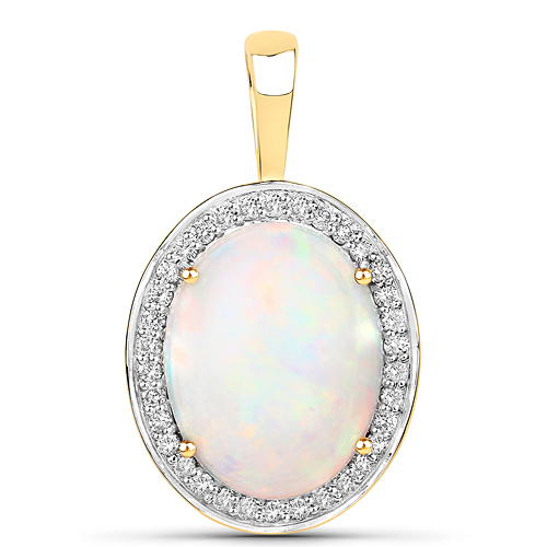 Opal-4.56 Carat Genuine Ethiopian Opal and White Diamond 14K Yellow Gold Pendant