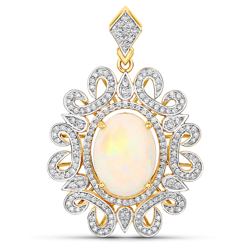 Opal-7.36 Carat Genuine Ethiopian Opal and White Diamond 14K Yellow Gold Pendant