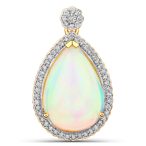 Opal-8.26 Carat Genuine Ethiopian Opal and White Diamond 14K Yellow Gold Pendant
