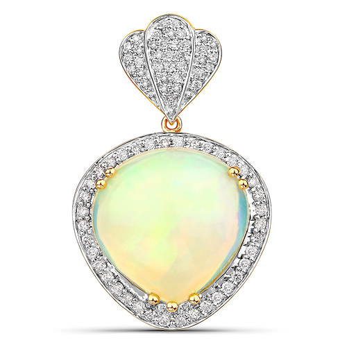 Opal-9.19 Carat Genuine Ethiopian Opal and White Diamond 14K Yellow Gold Pendant