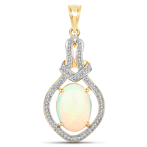 Opal-5.10 Carat Genuine Ethiopian Opal and White Diamond 14K Yellow Gold Pendant