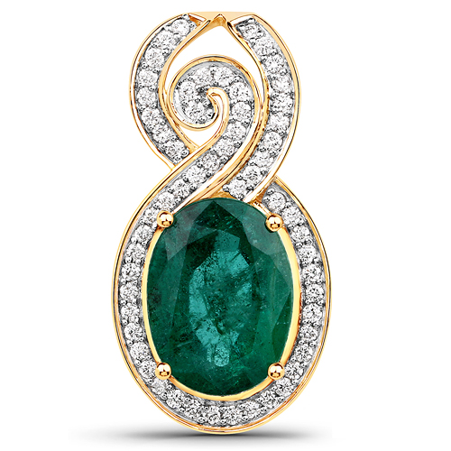 Emerald-5.71 Carat Genuine Brazilian Emerald and White Diamond 18K Yellow Gold Pendant