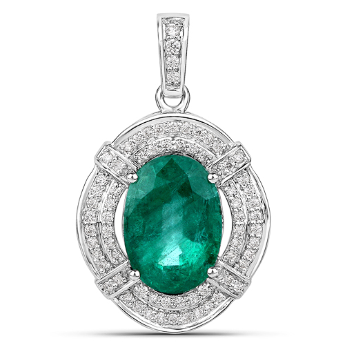 Emerald-7.61 Carat Genuine Zambian Emerald and White Diamond 18K White Gold Pendant
