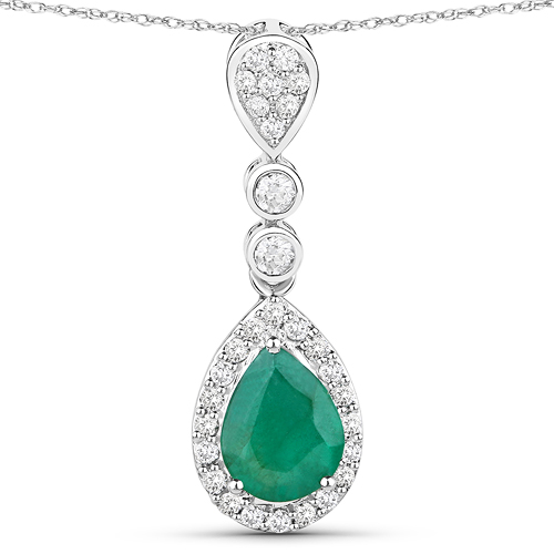 Emerald-1.38 Carat Genuine Zambian Emerald and White Diamond 14K White Gold Pendant