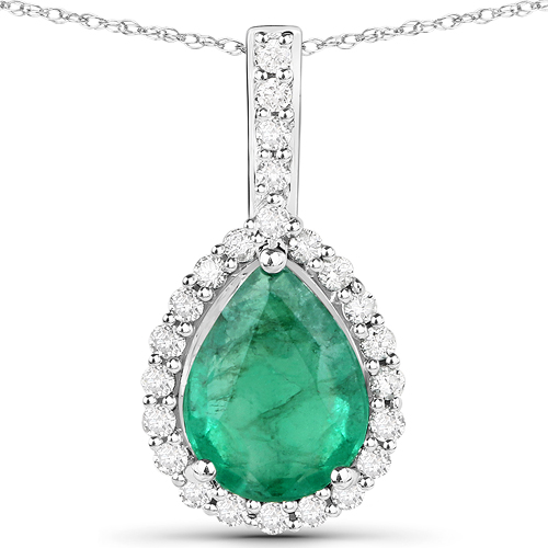 Emerald-1.26 Carat Genuine Zambian Emerald and White Diamond 14K White Gold Pendant