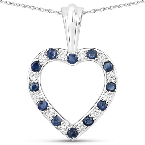 Sapphire-0.36 Carat Genuine Blue Sapphire and White Diamond 14K White Gold Pendant