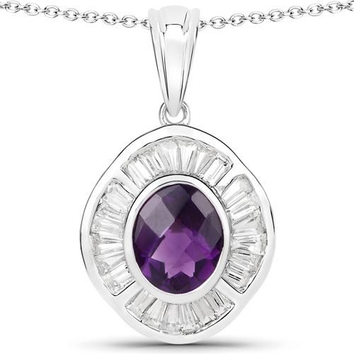 Amethyst-4.03 Carat Genuine Amethyst and White Topaz .925 Sterling Silver Pendant