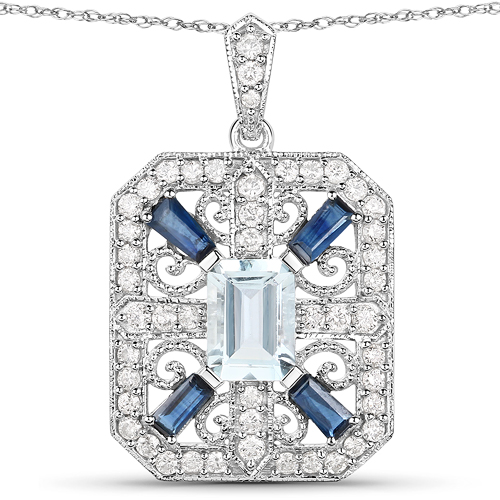 Aquamarine-1.81 Carat Genuine Aquamarine, Blue Sapphire and White Diamond 14K White Gold Pendant