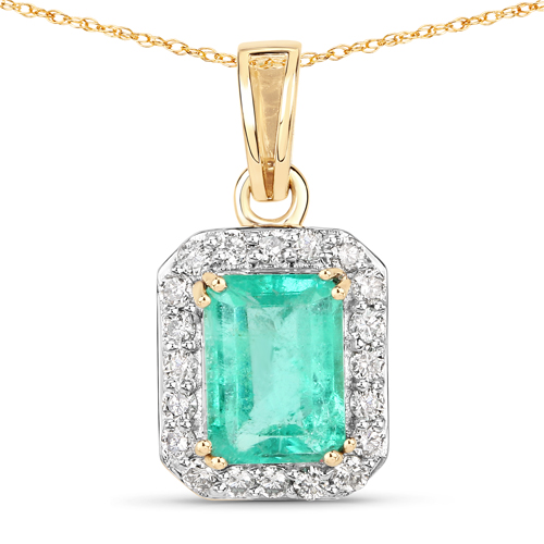 Emerald-1.02 Carat Genuine Colombian Emerald and White Diamond 14K Yellow Gold Pendant