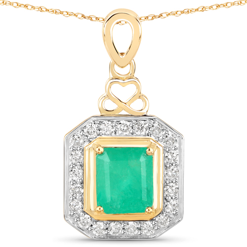 Emerald-1.78 Carat Genuine Colombian Emerald and White Diamond 14K Yellow Gold Pendant