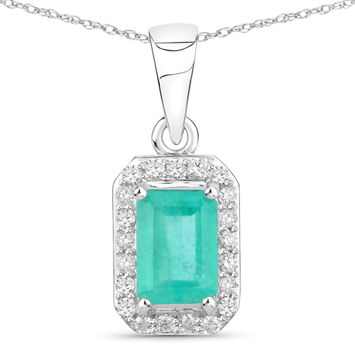 Emerald-0.98 Carat Genuine Colombian Emerald and White Diamond 14K White Gold Pendant