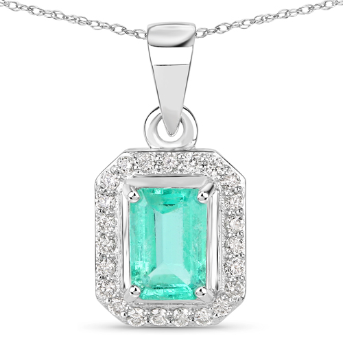 Emerald-0.87 Carat Genuine Colombian Emerald and White Diamond 14K White Gold Pendant
