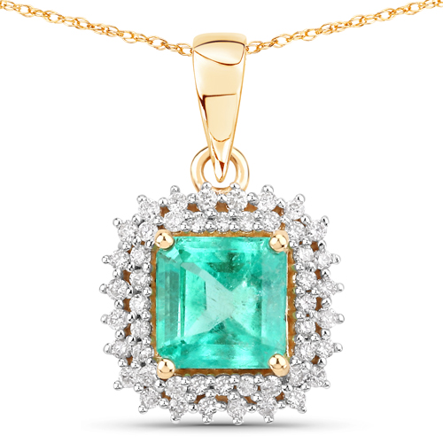 Emerald-1.40 Carat Genuine Colombian Emerald and White Diamond 14K Yellow Gold Pendant