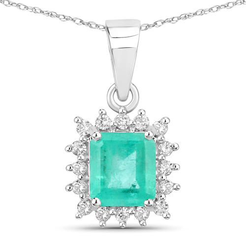Emerald-1.18 Carat Genuine Colombian Emerald and White Diamond 14K White Gold Pendant
