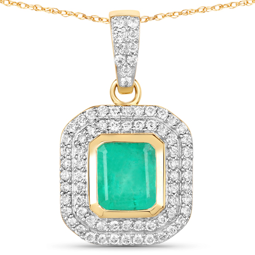 Emerald-1.44 Carat Genuine Colombian Emerald and White Diamond 14K Yellow Gold Pendant
