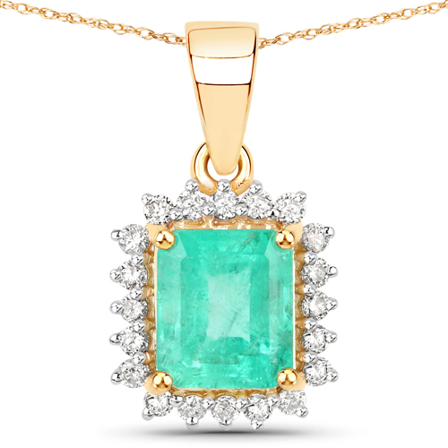 Emerald-1.50 Carat Genuine Colombian Emerald and White Diamond 14K Yellow Gold Pendant