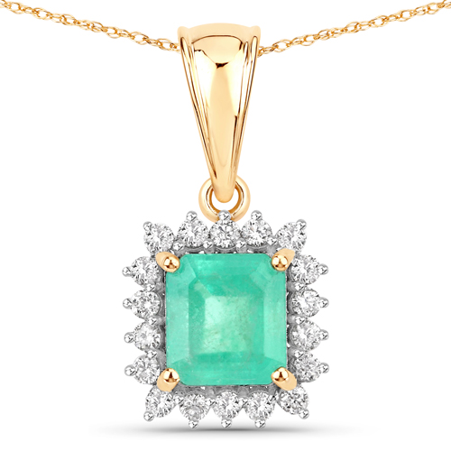 Emerald-1.49 Carat Genuine Colombian Emerald and White Diamond 14K Yellow Gold Pendant