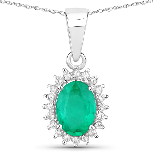 Emerald-0.84 Carat Genuine Zambian Emerald and White Diamond 14K White Gold Pendant