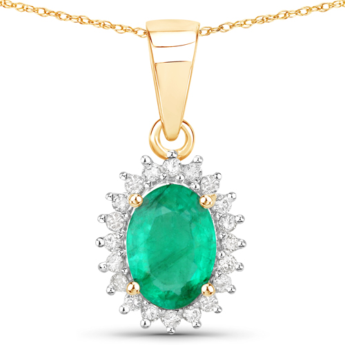 Emerald-0.84 Carat Genuine Zambian Emerald and White Diamond 14K Yellow Gold Pendant