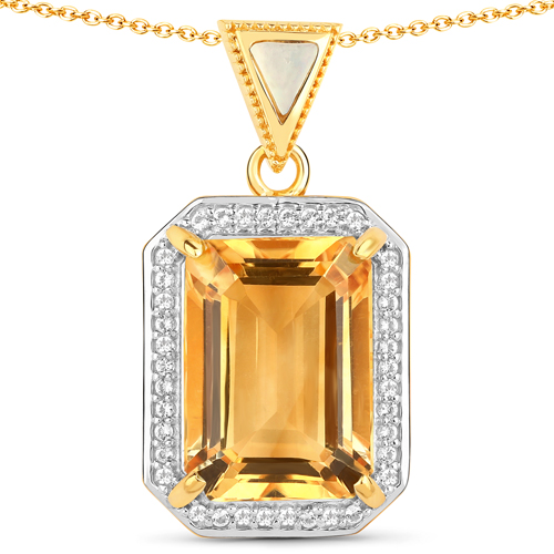 Citrine-7.33 Carat Genuine Citrine, Mother Of Pearl and White Topaz .925 Sterling Silver Pendant