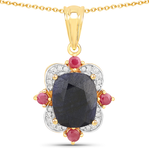 Sapphire-5.49 Carat Dyed Sapphire, Ruby and White Diamond .925 Sterling Silver Pendant