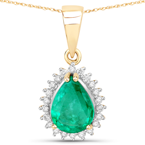 Emerald-1.84 Carat Genuine Zambian Emerald and White Diamond 14K Yellow Gold Pendant