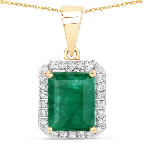 Emerald-2.70 Carat Genuine Zambian Emerald and White Diamond 14K Yellow Gold Pendant