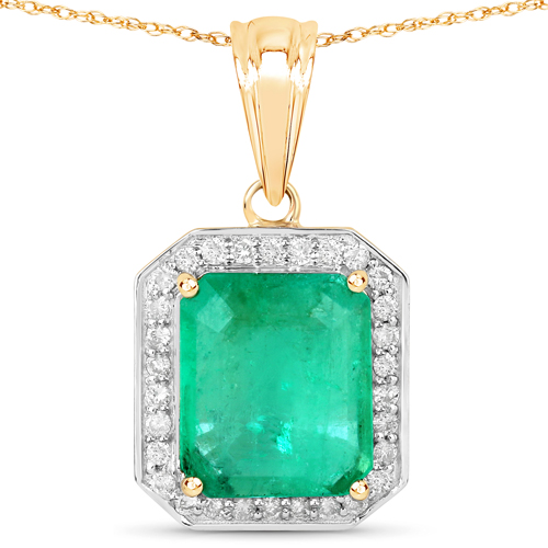 Emerald-3.95 Carat Genuine Zambian Emerald and White Diamond 14K Yellow Gold Pendant