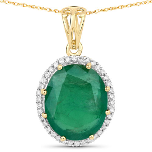 Emerald-8.29 Carat Genuine Zambian Emerald and White Diamond 14K Yellow Gold Pendant