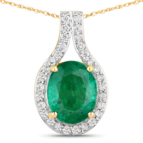 Emerald-2.08 Carat Genuine Zambian Emerald and White Diamond 14K Yellow Gold Pendant