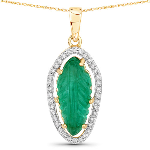 Emerald-4.10 Carat Genuine Colombian Emerald and White Diamond 14K Yellow Gold Pendant