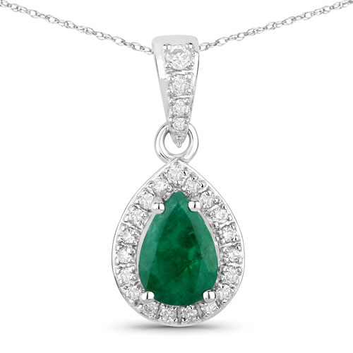 Emerald-0.77 Carat Genuine Zambian Emerald and White Diamond 14K White Gold Pendant