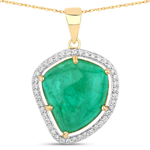 Emerald-12.13 Carat Genuine Colombian Emerald and White Diamond 14K Yellow Gold Pendant