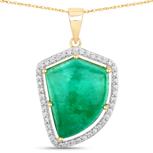 Emerald-15.95 Carat Genuine Colombian Emerald and White Diamond 14K Yellow Gold Pendant