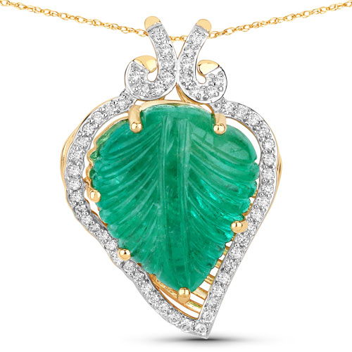 Emerald-15.53 Carat Genuine Colombian Emerald and White Diamond 14K Yellow Gold Pendant