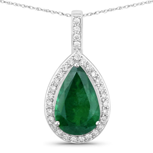 Emerald-IGI Certified 2.08 Carat Genuine Zambian Emerald and White Diamond 14K White Gold Pendant