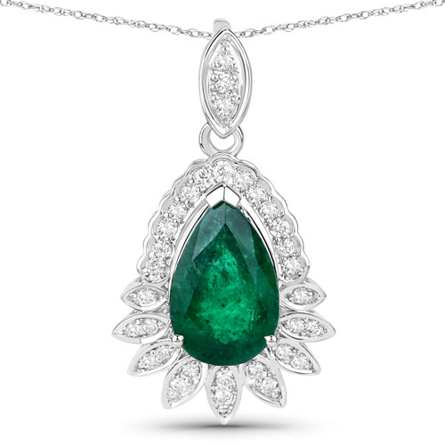 Emerald-IGI Certified 2.21 Carat Genuine Zambian Emerald and White Diamond 14K White Gold Pendant